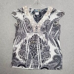 Unity Women Top Large White Paisley Blouse Popover Sleeveless V Neck Pullover‎